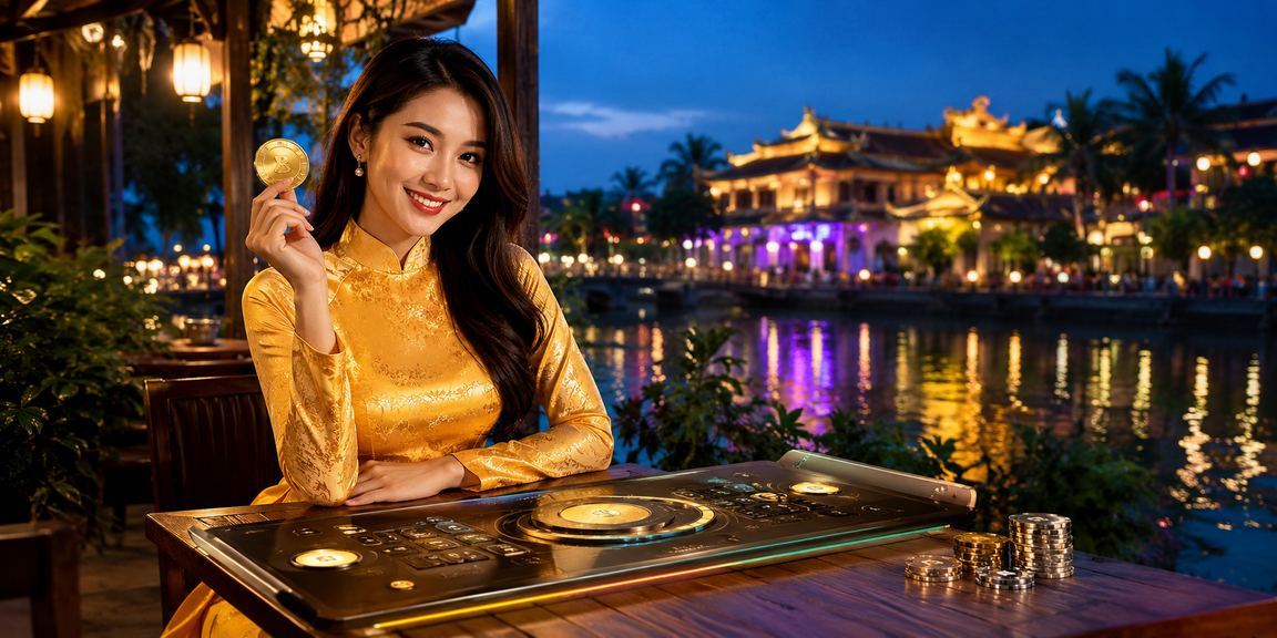 Người dùng mặc áo dài Huế xem thông tin cá cược thể thao trên màn hình